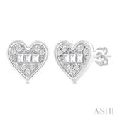 1/5 ctw Petite Bezel Set Heart Shape Fusion Baguette and Round Cut Diamond Fashion Stud Earring in 10K White Gold